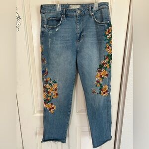 Free People Jeans Embroidered Hummingbird Floral Distressed Crop Raw Hem Size 30